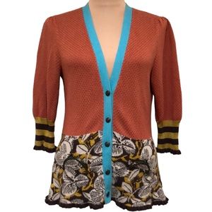 Anthropologie Lia Molly Cardigan Sweater Size Large Orange Floral Mixed Media